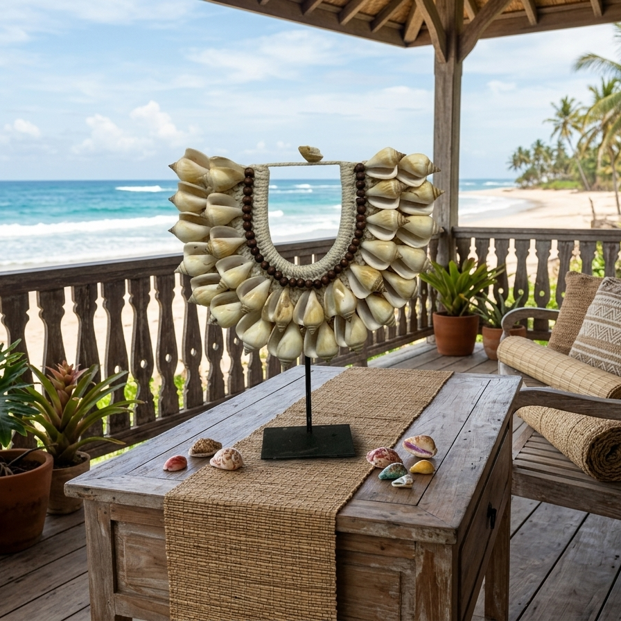 The Terra Conch & Wood Bead Statement Necklace on Stand