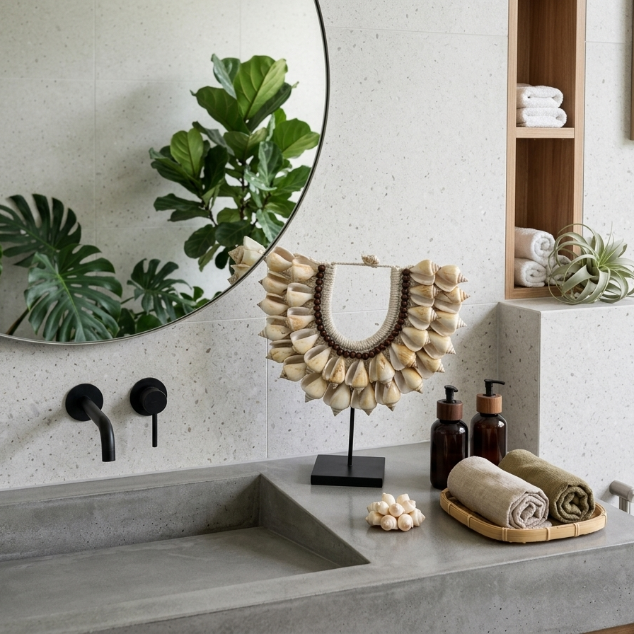 The Terra Conch & Wood Bead Statement Necklace on Stand