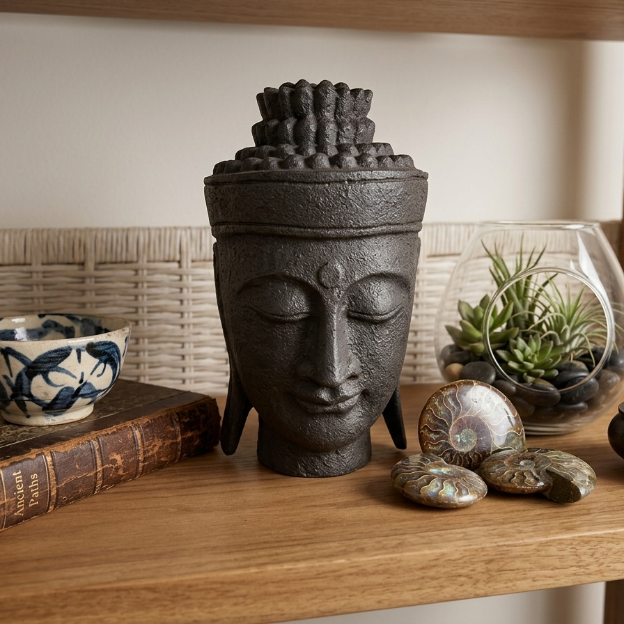 Serene Cast Iron Buddha Head Statue - Zen Home & Garden Decor