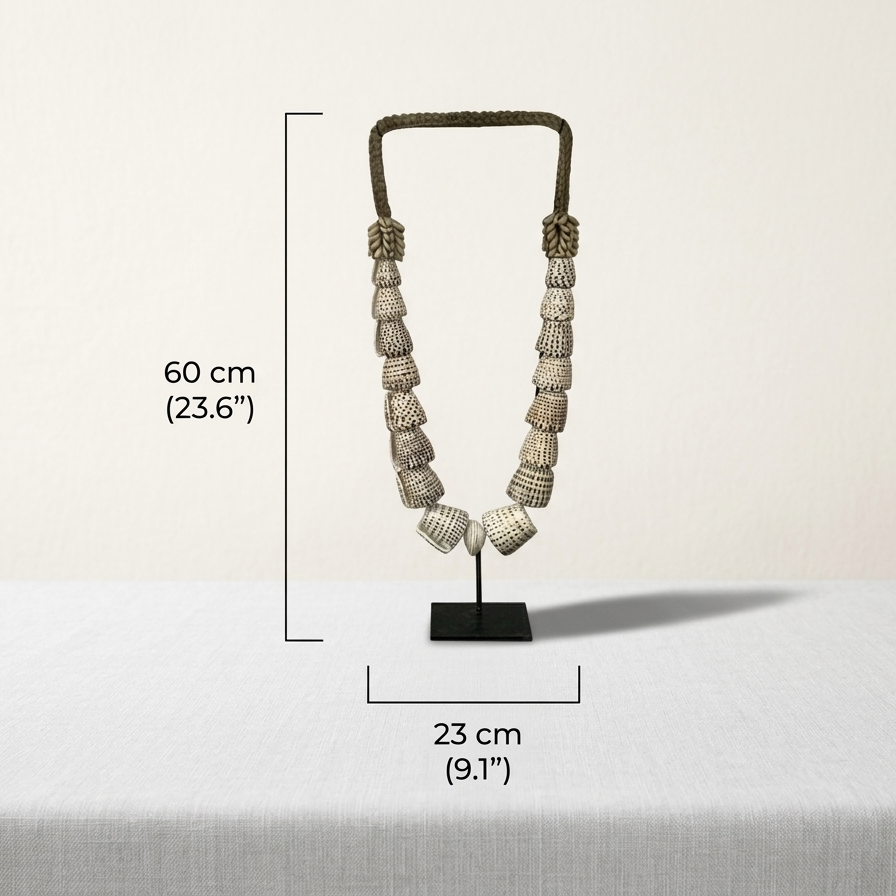 Large 60cm coastal decor shell sculpture on stand, tribal shell lei home accessory for mantel or sideboard styling, Oceanique Textiles collection.
