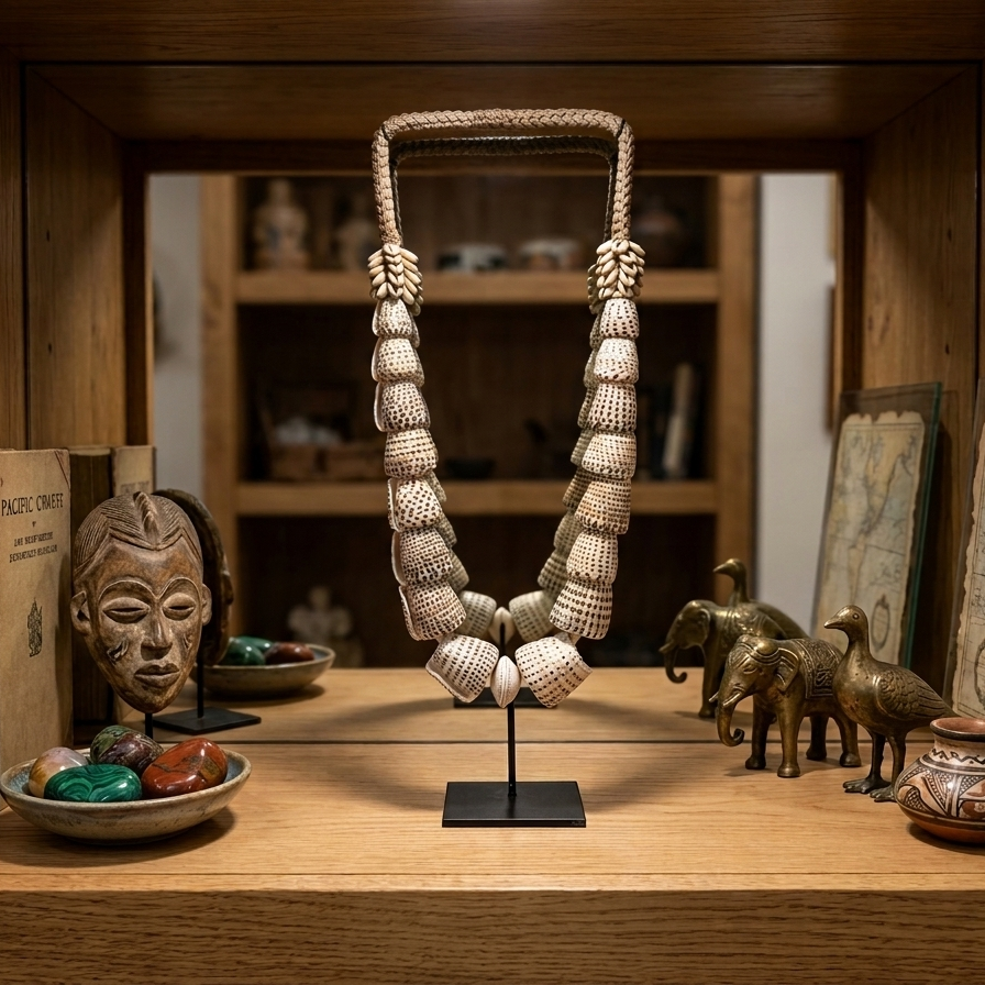 Large 60cm coastal decor shell sculpture on stand, tribal shell lei home accessory for mantel or sideboard styling, Oceanique Textiles collection.
