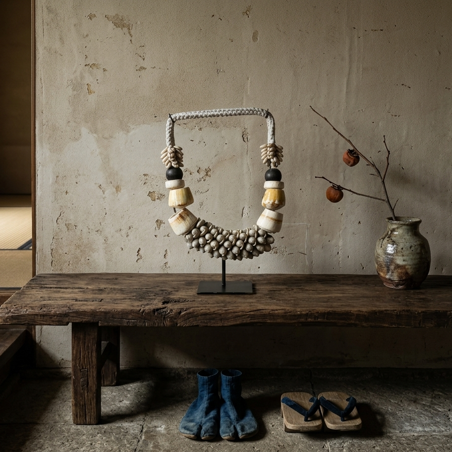 A handcrafted tribal-style statement necklace made of white sea shells, polished bone-colored resin rings, and black beads, displayed on a minimalist black metal stand.