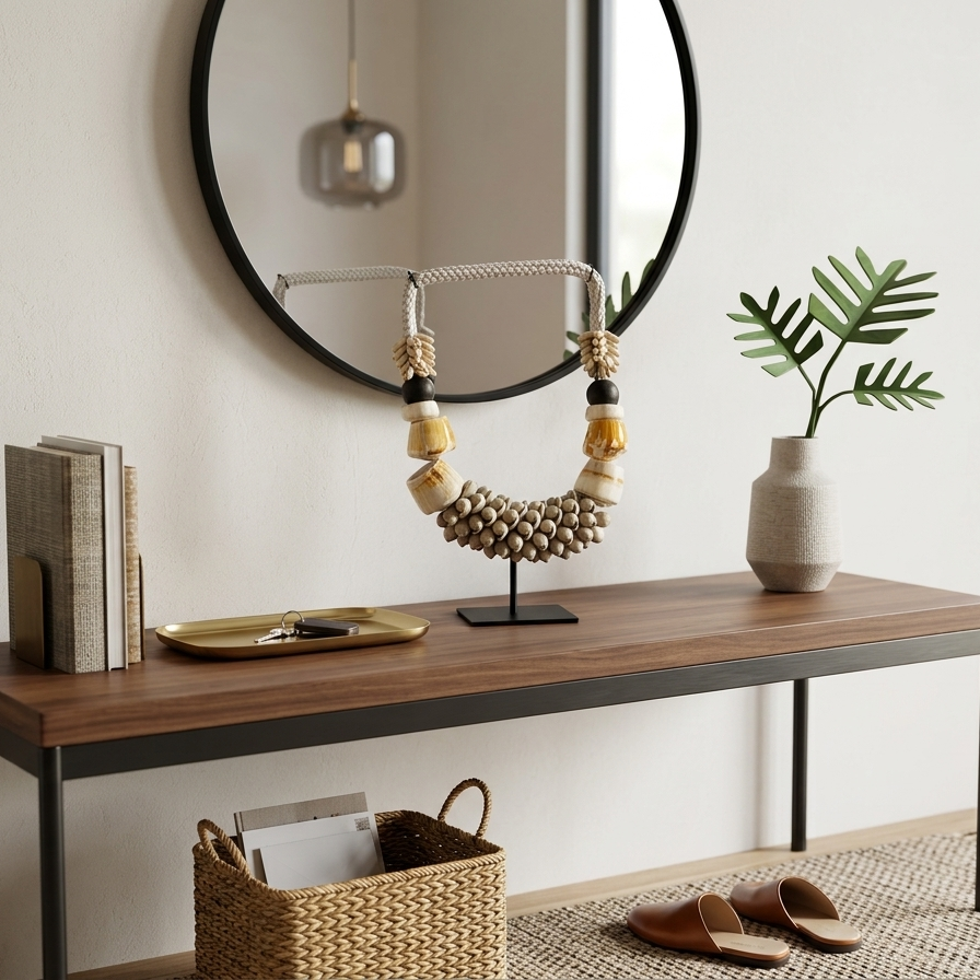 A handcrafted tribal-style statement necklace made of white sea shells, polished bone-colored resin rings, and black beads, displayed on a minimalist black metal stand.