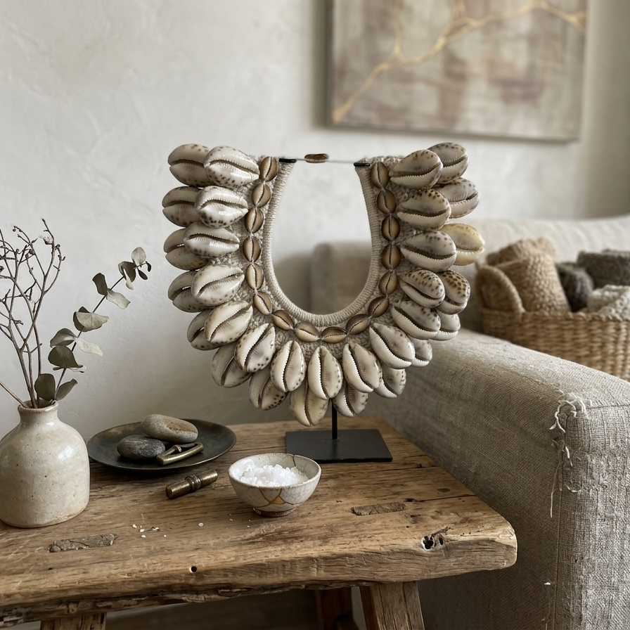 Handcrafted tribal-style necklace featuring polished Tiger Cowrie shells and money cowries woven onto a white macramé base, displayed on a black metal stand