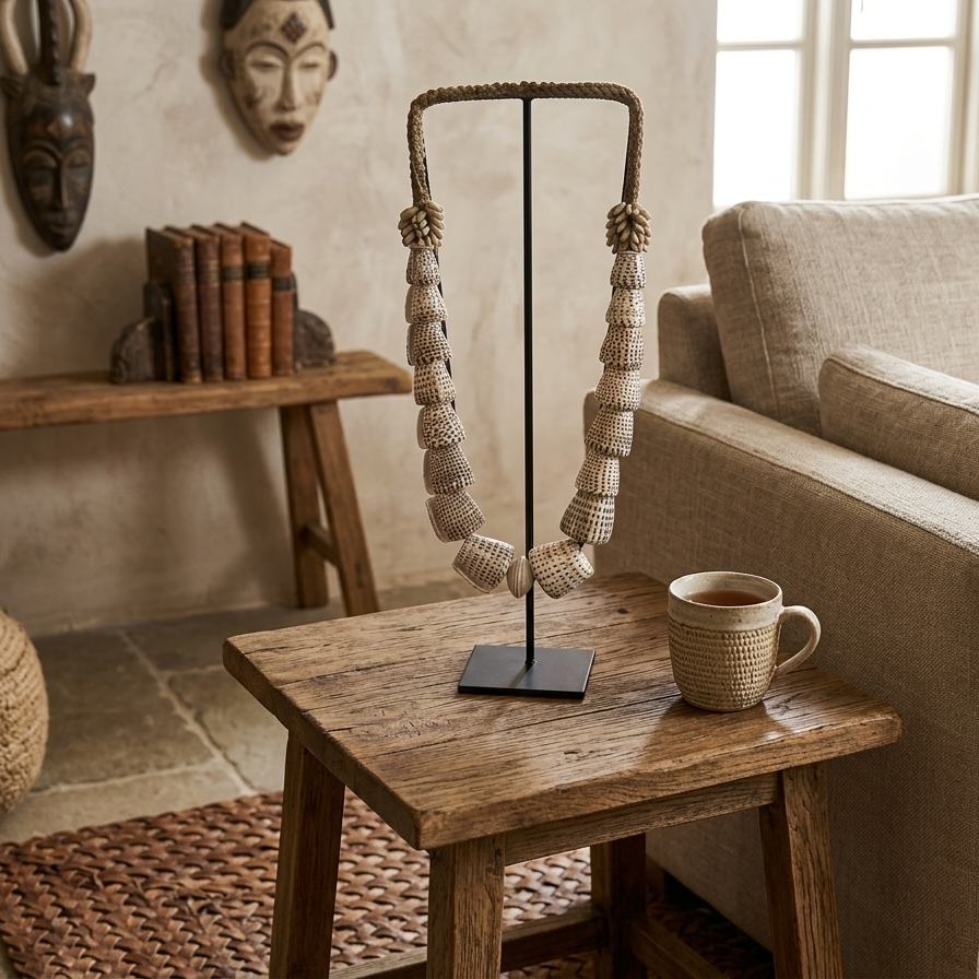 Large 60cm coastal decor shell sculpture on stand, tribal shell lei home accessory for mantel or sideboard styling, Oceanique Textiles collection.