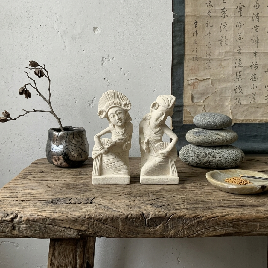 Two traditional Balinese figurines sitting on a rustic, weathered wood table. In the background, a kintsugi-style ceramic vase with a dried branch and an ancient calligraphy scroll create a wabi-sabi interior design look.