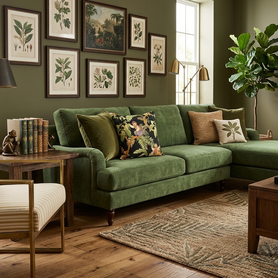 Decorative black throw cushion featuring a tropical jungle print with illustrated monkeys sitting on tree branches surrounded by lush green fern leaves and botanical foliage. Leaning in a green sofa