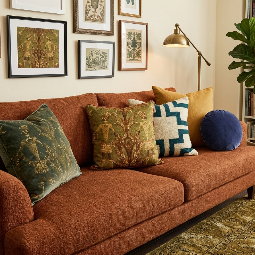 An olive green square decorative pillow featuring a symmetrical, mirror-image design of two stylized tribal figures in traditional headdress. The figures are rendered in ochre and brown tones, framed by abstract botanical patterns. The pillow is finished with a thin terracotta-colored piped edge.