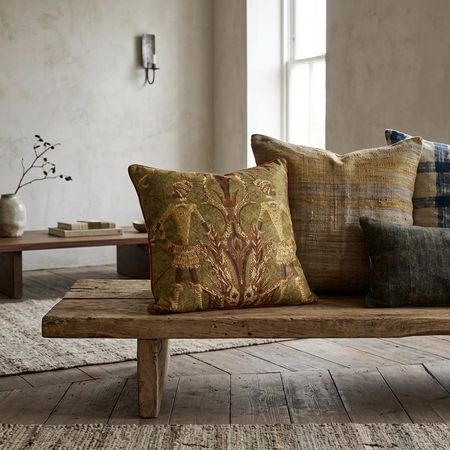 An olive green square decorative pillow featuring a symmetrical, mirror-image design of two stylized tribal figures in traditional headdress. The figures are rendered in ochre and brown tones, framed by abstract botanical patterns. The pillow is finished with a thin terracotta-colored piped edge.