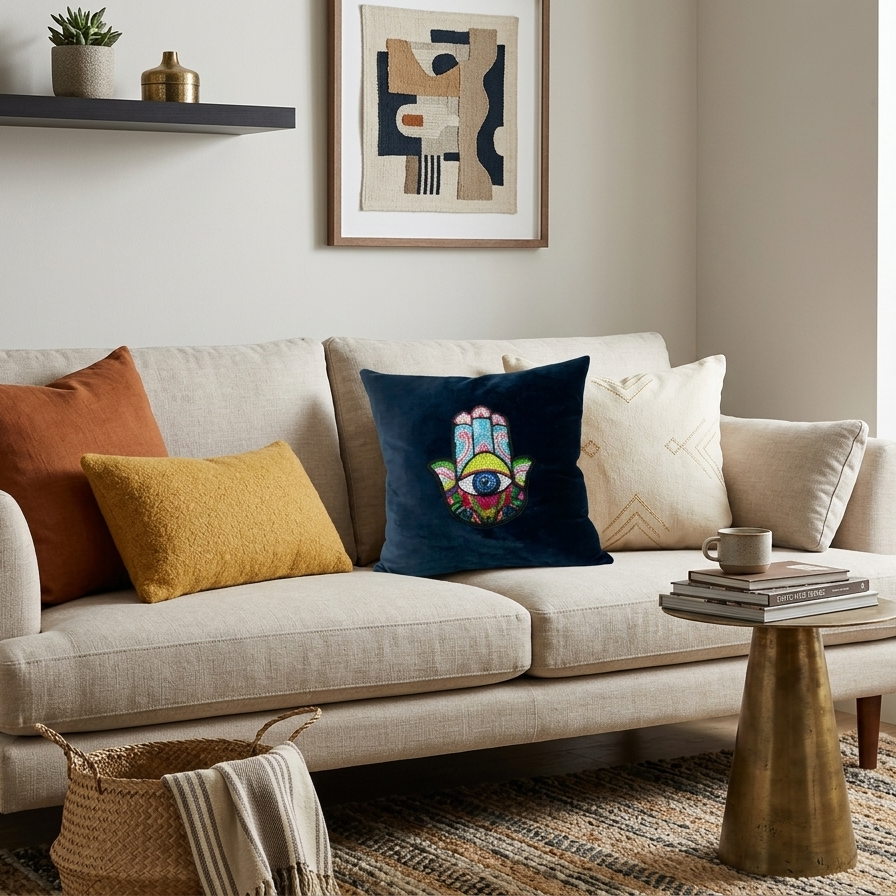Midnight blue velvet cushion cover featuring a vibrant multi-colored sequin Hamsa Hand with an evil eye symbol in the center.