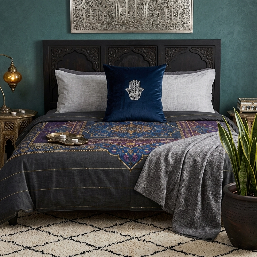 Navy blue velvet decorative pillow cover embellished with a shimmering silver studded Hamsa Hand design in a minimalist, elegant style.