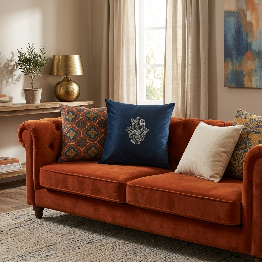Navy blue velvet decorative pillow cover embellished with a shimmering silver studded Hamsa Hand design in a minimalist, elegant style.