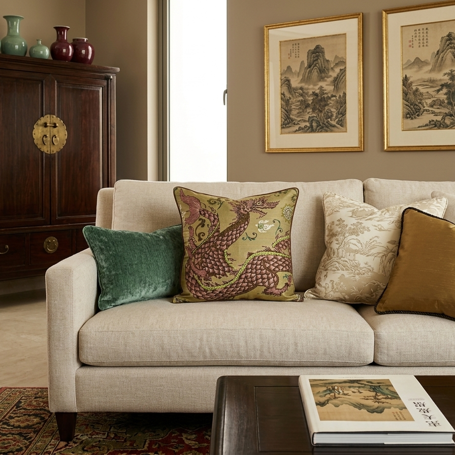 Square throw pillow cover featuring a traditional serpentine dragon illustration in mauve and sage green on a textured, muted gold background with dark brown piped edges.