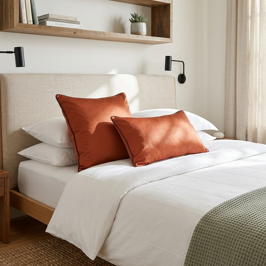 A square burnt orange pillow case layered with a rectangular lumbar orange pillow case, both featuring chocolate brown piped edges. They are styled on a white bed with a neutral upholstered headboard in a clean, modern bedroom.