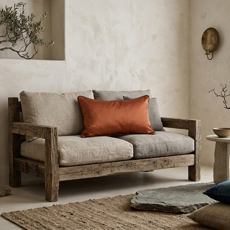 A large rectangular burnt orange pillow cover with dark contrast piping, featuring a lustrous satin texture. It is displayed on a rustic wooden sofa in a minimalist, wabi-sabi inspired living room.