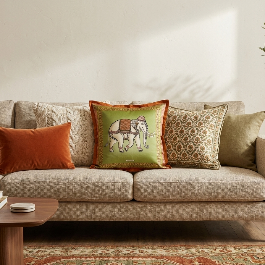 Jim Thompson luxury Thai silk decorative pillow featuring a white ceremonial elephant motif on a moss green background with a terracotta orange border.