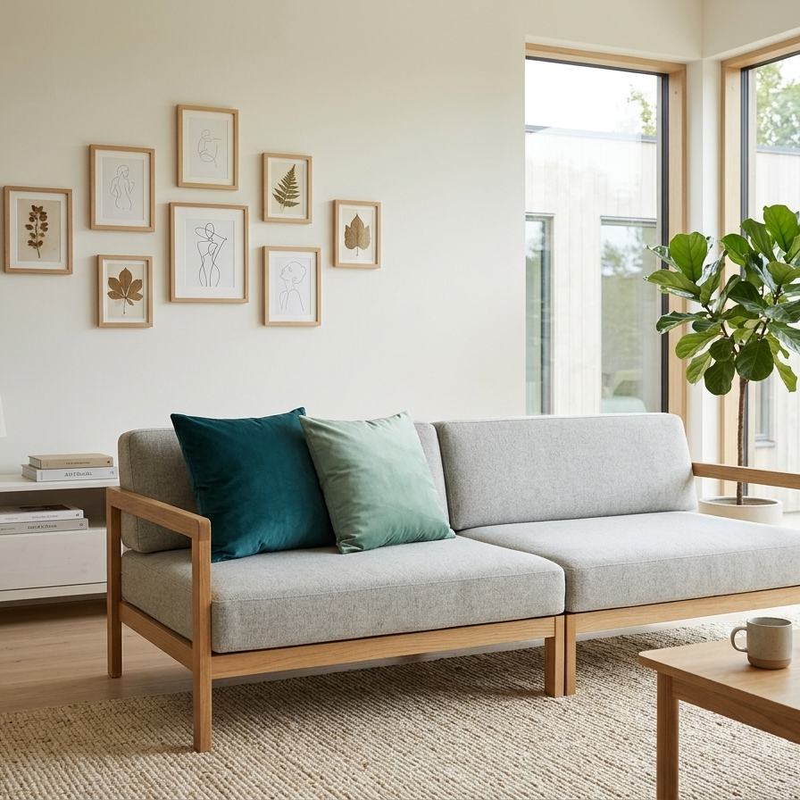 Sage green velvet cushion on a light grey Scandinavian-style sofa, paired with natural oak furniture and botanical wall art in a bright, airy room.