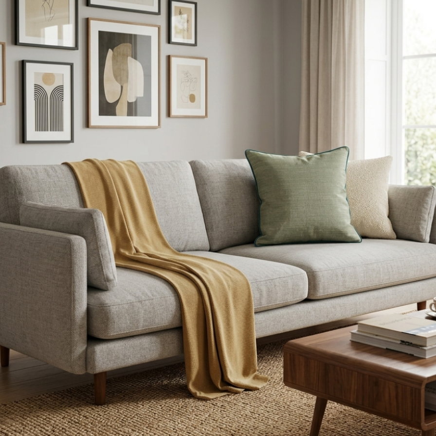 Square sage green cushion cover with a heavy slub texture and dark teal piped edges, organic woven fabric for minimalist home decor.