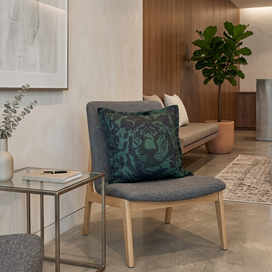 Luxury Jim Thompson forest green Tigre designer pillow cover on a grey fabric accent chair in a modern lounge.