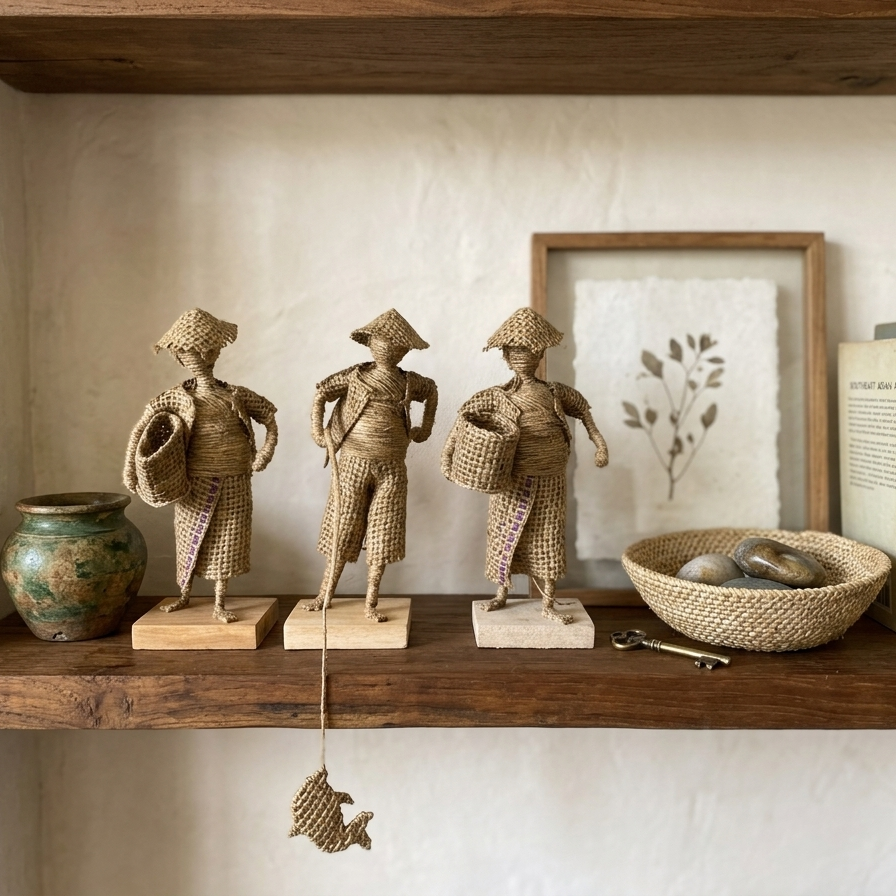 Three rustic jute figurines are arranged on a thick, dark wood floating shelf. They are flanked by a small green ceramic pot and a stack of vintage books titled 