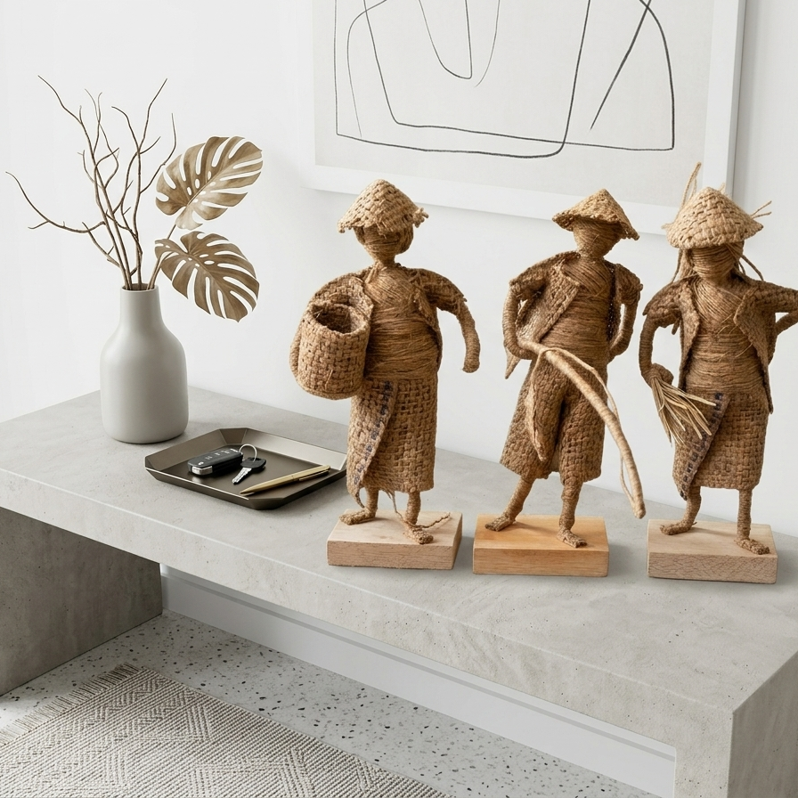 The jute trio sits on a modern, light gray concrete bench. To their left is a white vase with dried monstera leaves and a small tray with keys, showcasing the figurines in a contemporary, bright entryway.