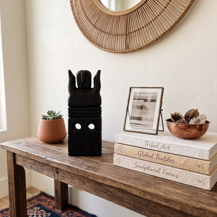 Small tribal wood carving displayed on a rustic wooden bench in a bright entryway, styled with a woven rattan mirror and earthy bohemian decor.